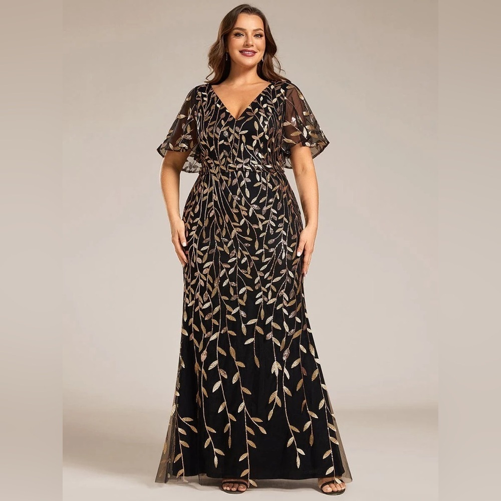 🆕 Fashion Plus Size V Neck Mermaid Sequin & Tulle Evening Dress - Picture 1 of 3